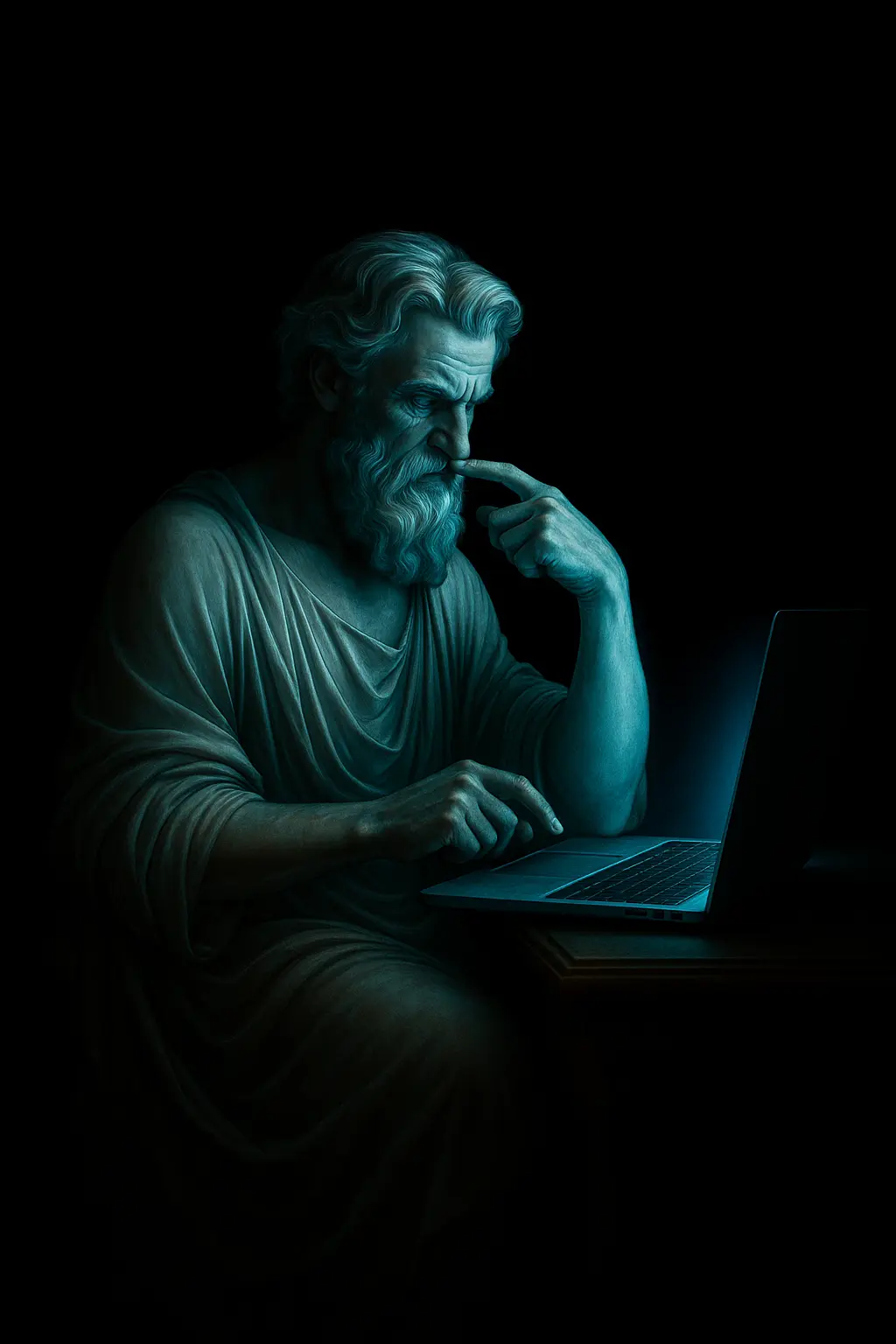 imagen de una estatua griega trabajando en una computadora